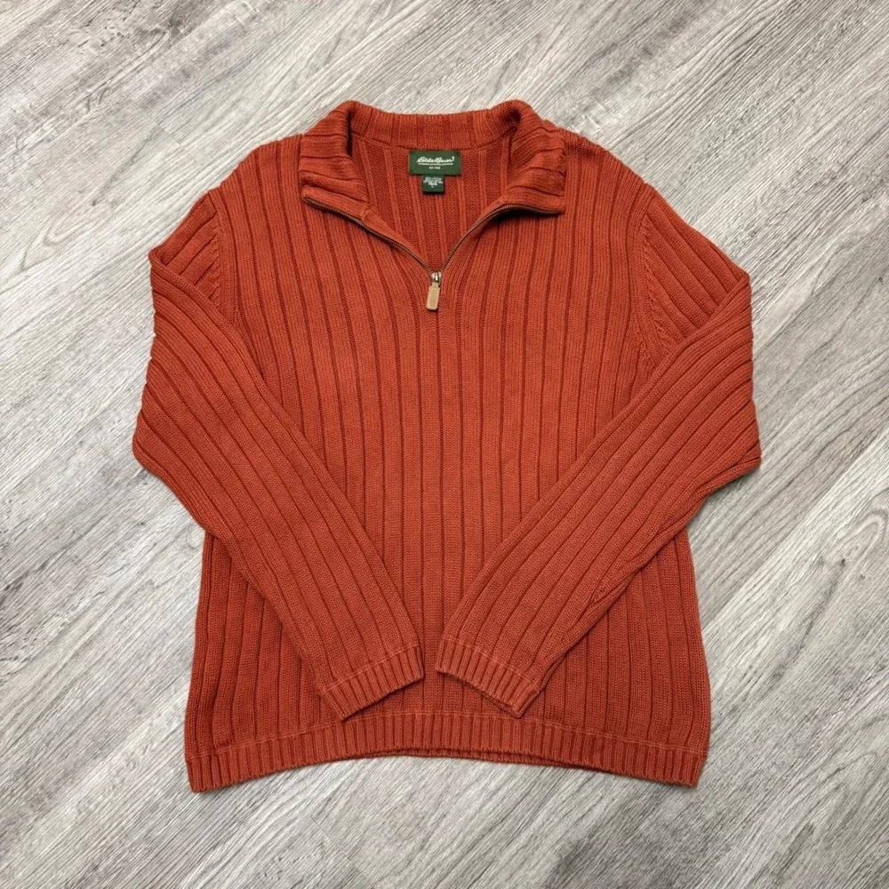 Eddie Bauer Mens Large Burnt Orange Ribbed 100% Cotton Quarter Zip Sweater Japan